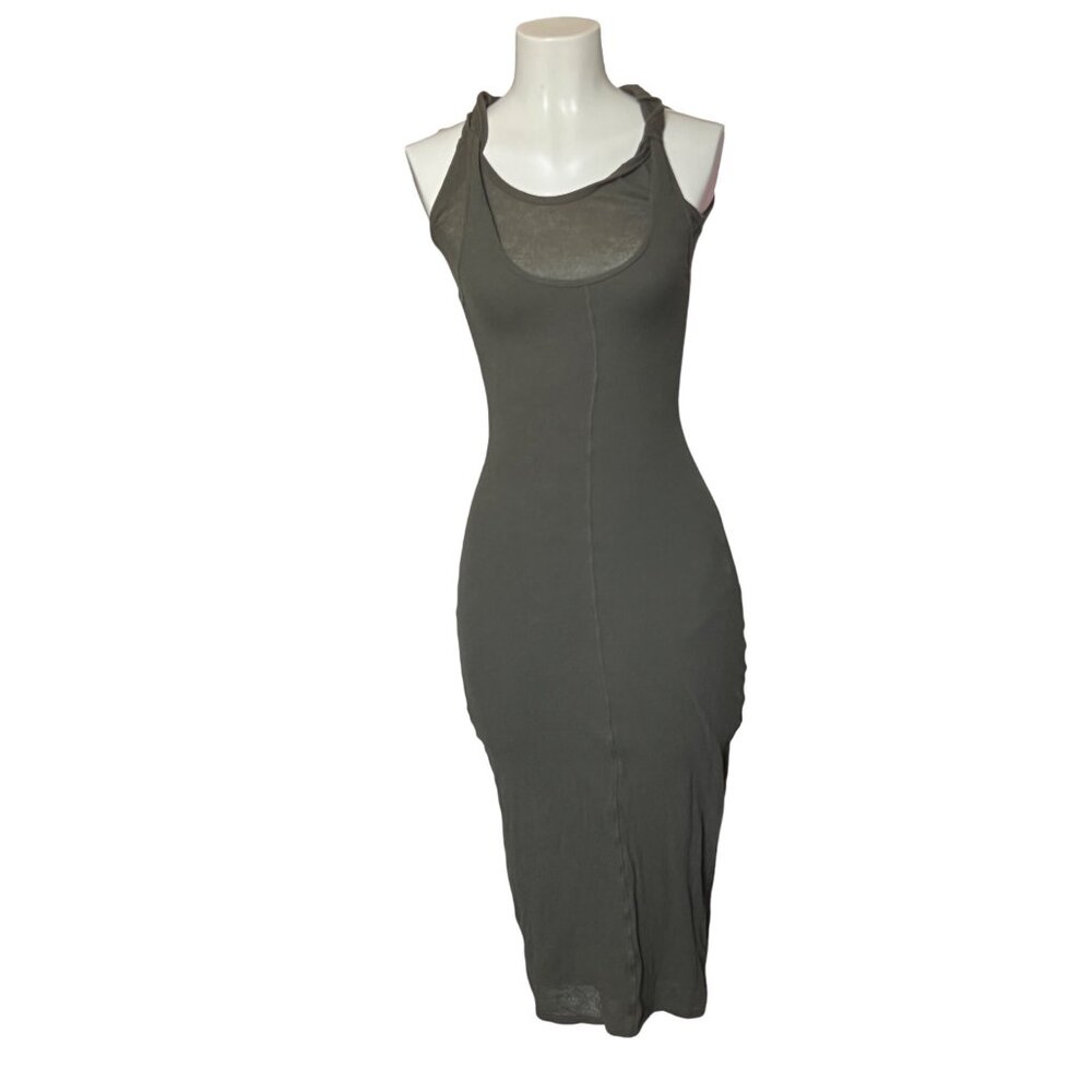 Proenza Schouler Ribbed Olive Green Midi Tank Dress With Sheer Mesh